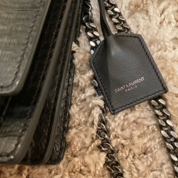 SAINT LAURENT BLACK/ CREAM STRIPED SNAKESKIN CROSSBODY PEWTER COLOR CHAIN - Picture 6 of 8